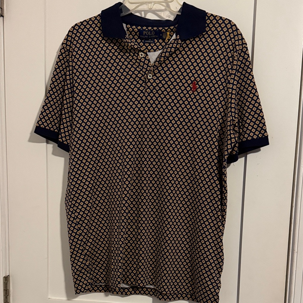 Polo by Ralph Lauren Navy & Tan Geometric Polo with Red Pony